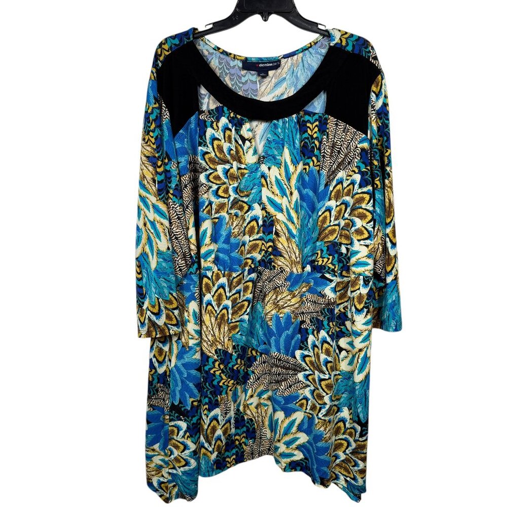 Denim 24/7 Tunic Top Blouse Size 3X Blue Yellow Peacock Boho Liquid Knit Stretch